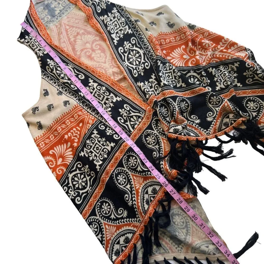 Christina Boho Paisley Scarf Print Open Front Fringed Sleeveless Cardigan Vest
